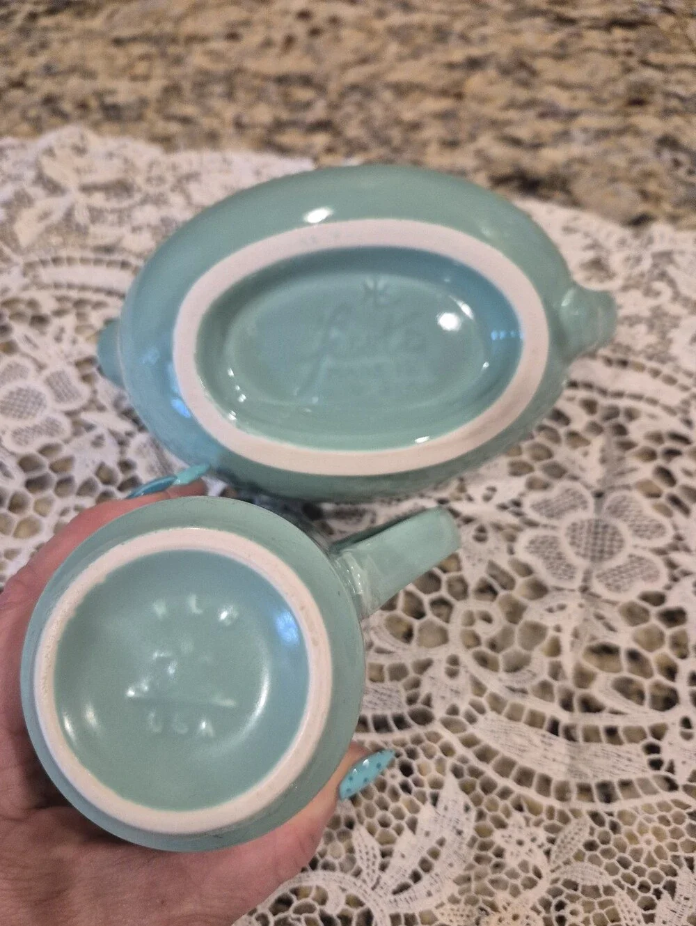 Vintage Fiestaware, Aqua Ceramic Gravy Boat and Small Pitcher